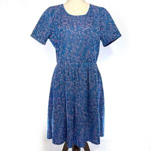 LuLaRoe Pleated Dress Plus 3XL Blue w/ Pink Design Stretch Short Sleeve, Pockets